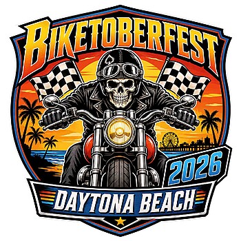 A vintage skeletal biker riding a chopper along Daytona Beach with checkered flags, styled as an ultimate biketoberfest 2026 daytona beach png graphic.