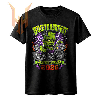 A high-resolution biketoberfest 2026 png featuring Frankenstein riding a chopper motorcycle with purple lightning and Daytona Beach branding.