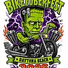 A high-resolution biketoberfest 2026 png featuring Frankenstein riding a chopper motorcycle with purple lightning and Daytona Beach branding.