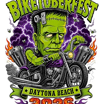 A high-resolution biketoberfest 2026 png featuring Frankenstein riding a chopper motorcycle with purple lightning and Daytona Beach branding.
