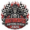 A vintage skeletal biker riding a chopper with checkered flags and flames, styled as an ultimate biketoberfest daytona beach 2026 png graphic.