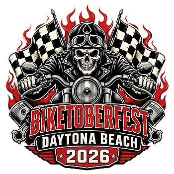 A vintage skeletal biker riding a chopper with checkered flags and flames, styled as an ultimate biketoberfest daytona beach 2026 png graphic.