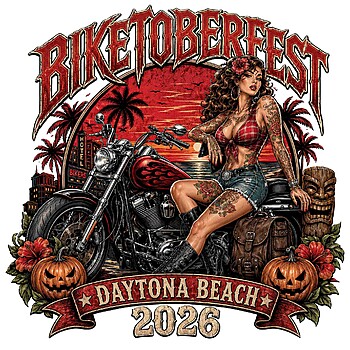 High-resolution png featuring a tattooed pin-up biker girl on a chopper at sunset for your next biketoberfest daytona beach png project.