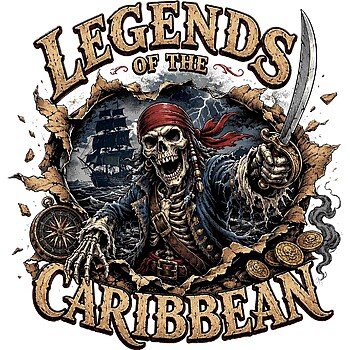 A fierce skeletal pirate captain holding a cutlass with a pirate ship backdrop, styled as a legends of the caribbean pirate png graphic.